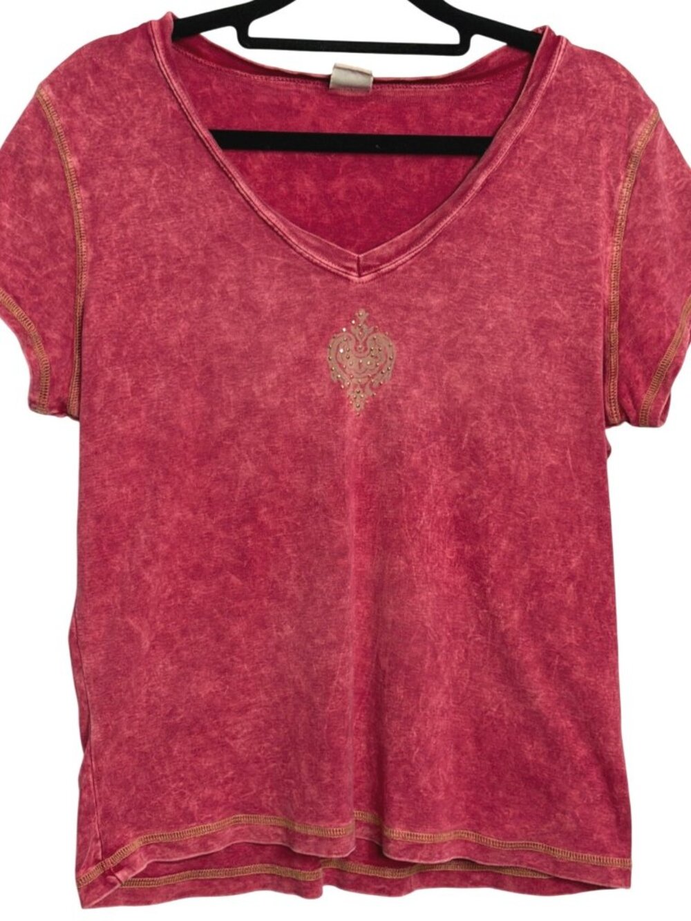 Y2K One World Shirt Womens XL Red Acid Wash Short Sleeve Metal Dots V-Neck Top C